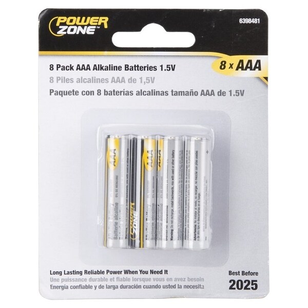 Powerzone Battery, 1.5 V Battery, AAA Battery, Zinc, Manganese Dioxide, and Potassium Hydroxide - LR03-8P-DB