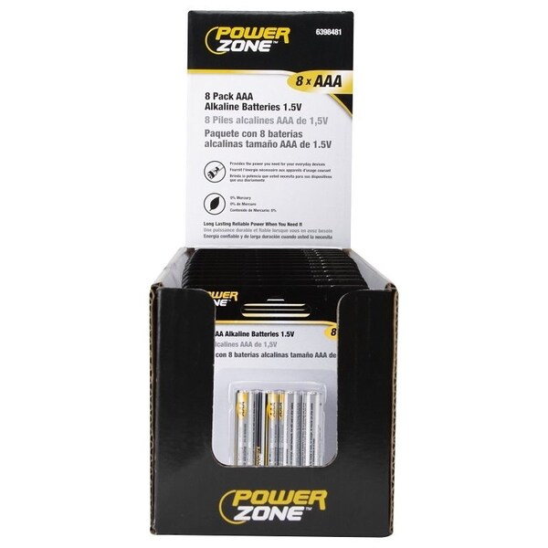 Powerzone Battery, 1.5 V Battery, AAA Battery, Zinc, Manganese Dioxide, and Potassium Hydroxide - LR03-8P-DB