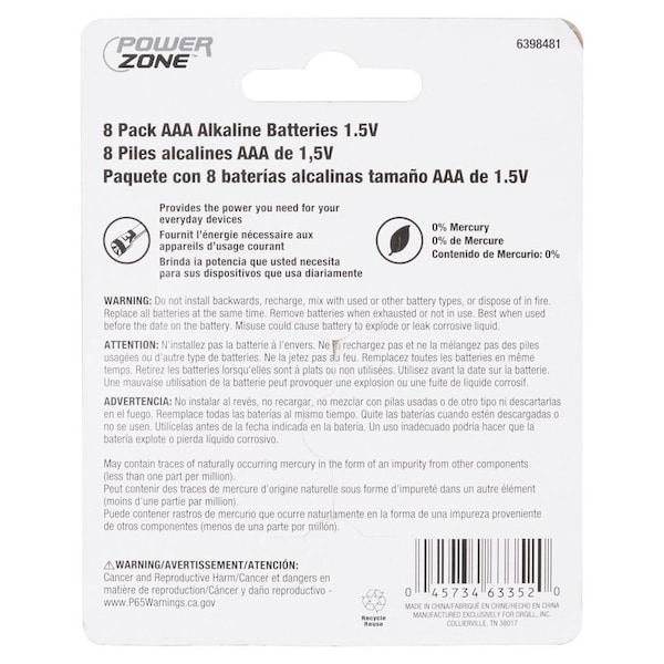 Powerzone Battery, 1.5 V Battery, AAA Battery, Zinc, Manganese Dioxide, and Potassium Hydroxide - LR03-8P-DB