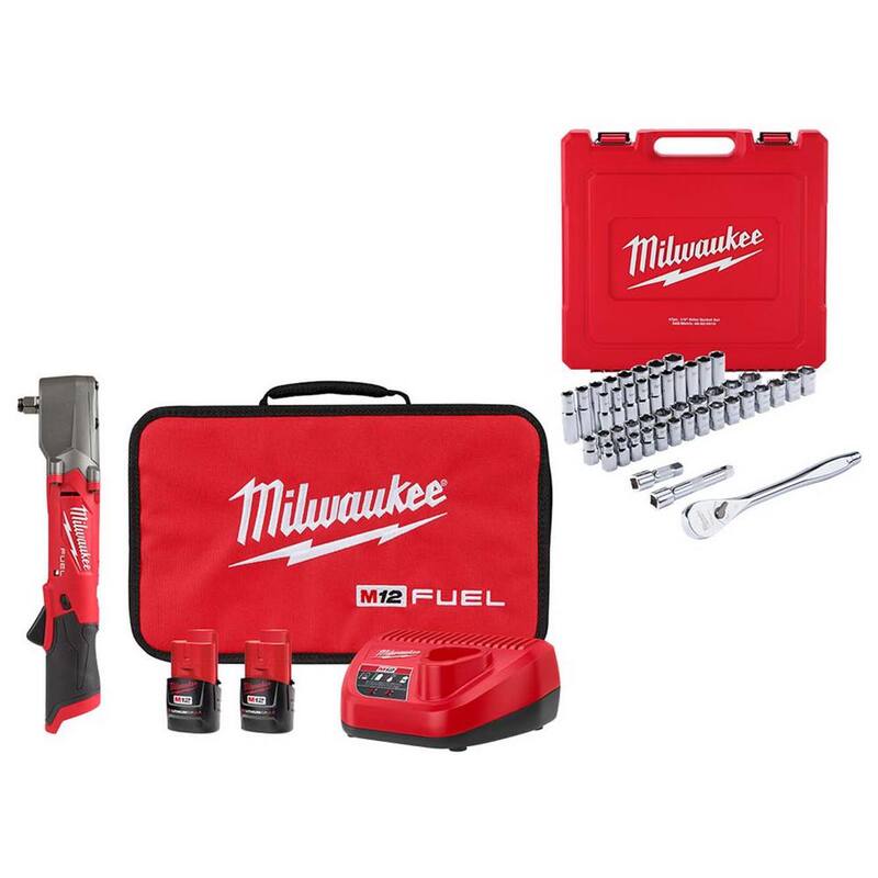 Milwaukee M12 FUEL 12V Llave de Impacto Angular Recta Inalámbrica de Iones de Litio de 1/2 pulg. Kit con Juego de Mecánica Drive SAE/Métrico de 1/2 pulg. (47 piezas) - 2565-22-48-22-9010
