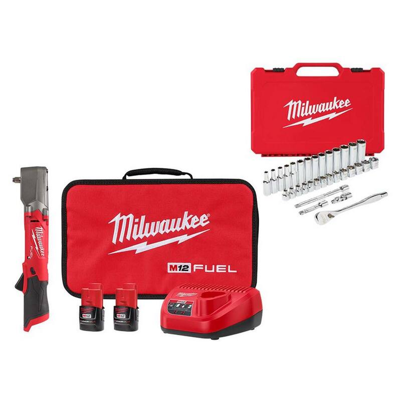 Juego de llave de impacto inalámbrica de ángulo recto de 12V de litio Milwaukee M12 FUEL de 3/8 in con set de mecánica de 3/8 in (32 piezas) - 2564-22-48-22-9508.