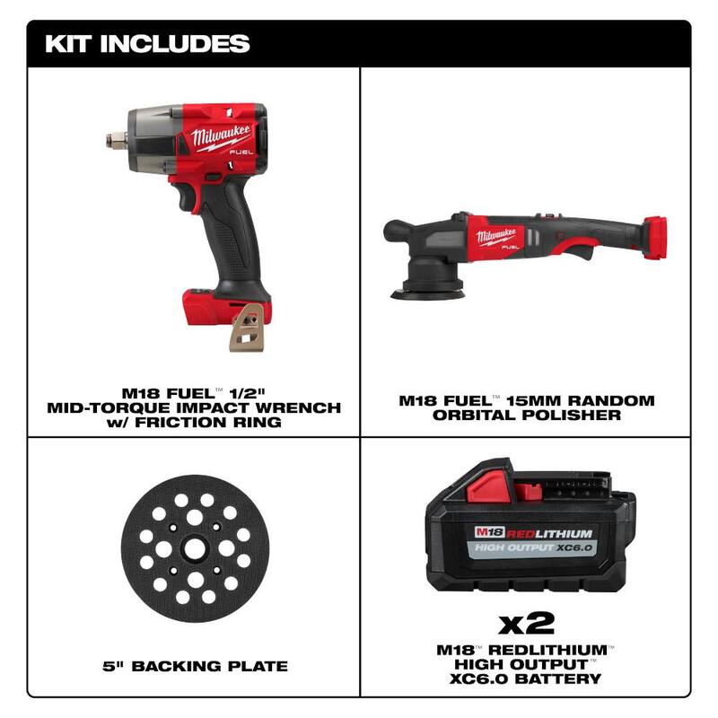 Llave de impacto inalámbrica Milwaukee M18 FUEL 18V de medio torque de 1/2 pulgada con motor sin escobillas de ion de litio y pulidor, incluye 2 baterías de alto rendimiento de 6.0Ah - 2962-20-2684-20-48-11-1862.