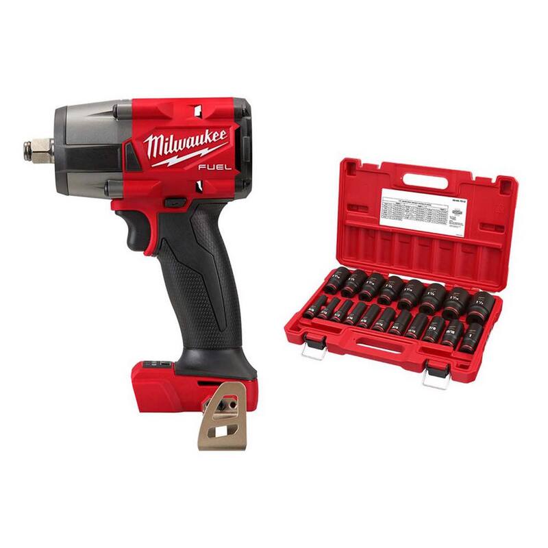 Llave de impacto a batería sin escobillas de torsión media Milwaukee M18 FUEL Gen-2 de 18V con anillo de fricción y juego de dados SAE (19 piezas) - 2962-20-49-66-7012