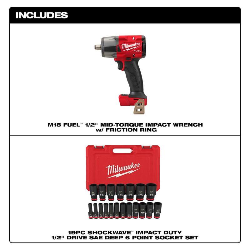 Llave de impacto a batería sin escobillas de torsión media Milwaukee M18 FUEL Gen-2 de 18V con anillo de fricción y juego de dados SAE (19 piezas) - 2962-20-49-66-7012