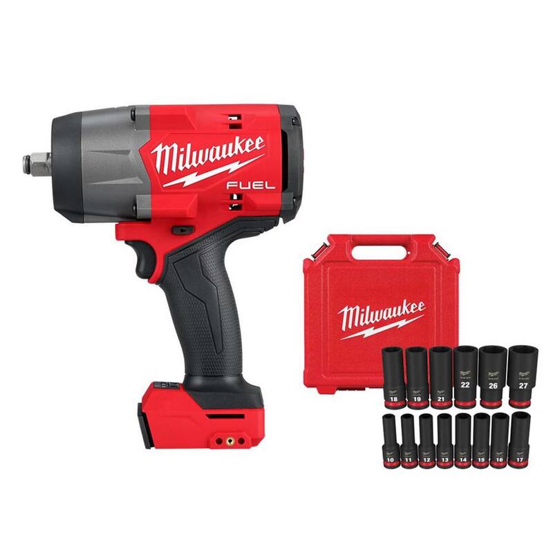 Llave de impacto inalámbrica sin escobillas de 1/2 pulg. Milwaukee M18 FUEL 18V de iones de litio con anillo de fricción (solo herramienta) con juego de dados (14 piezas) - 2967-20-49-66-7014