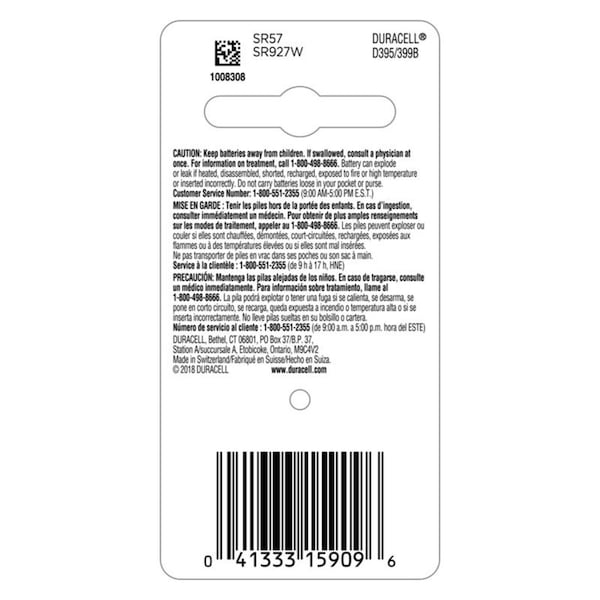 Duracell Duracell Silver Oxide 395/399 1.5 V 55 mAh Electronic/Watch Battery 1 pk - D395/399PK