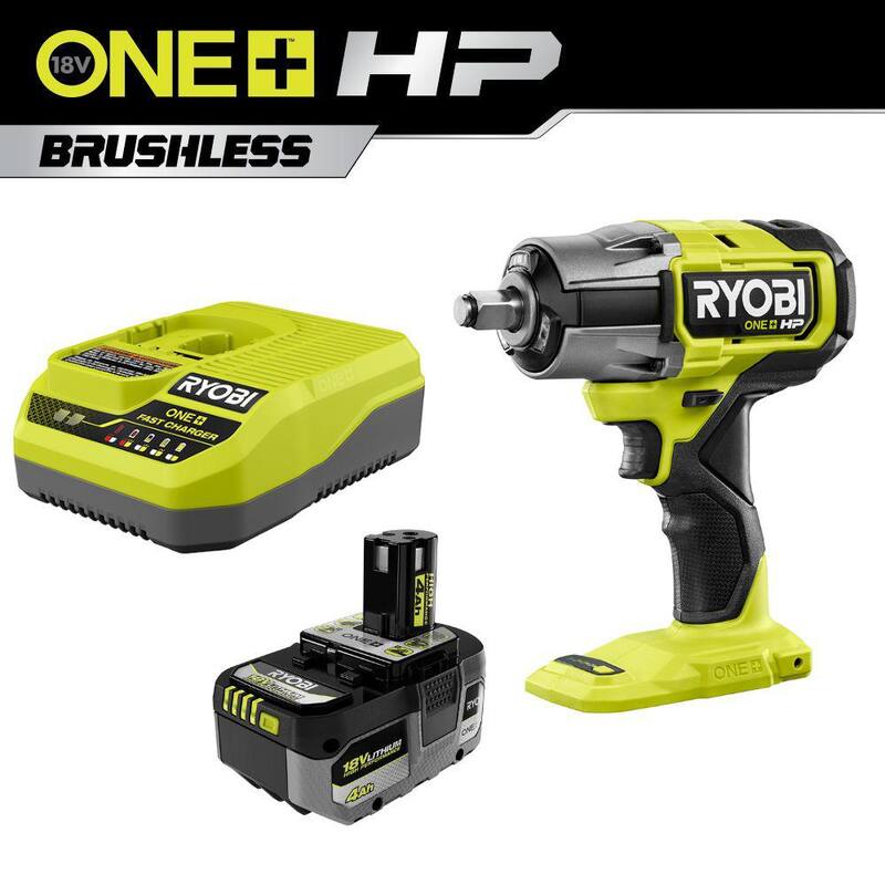 RYOBI ONE+ HP 18V Llave de Impacto sin Escobillas Inalámbrica de 4 Modos de 1/2 pulg. con batería de alto rendimiento de 4.0 Ah y cargador - P262-PSK014