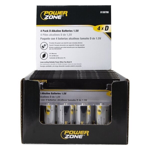 Powerzone Battery, 1.5 V Battery, D Battery, Zinc, Manganese Dioxide, and Potassium Hydroxide - LR20-4P-DB