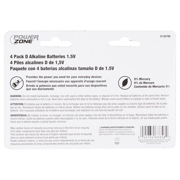 Powerzone Battery, 1.5 V Battery, D Battery, Zinc, Manganese Dioxide, and Potassium Hydroxide - LR20-4P-DB