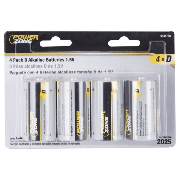 Powerzone Battery, 1.5 V Battery, D Battery, Zinc, Manganese Dioxide, and Potassium Hydroxide - LR20-4P-DB