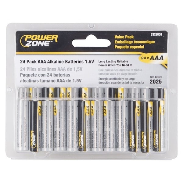 Powerzone Battery, 1.5 V Battery, AAA Battery, Zinc, Manganese Dioxide, and Potassium Hydroxide - LR03-24P
