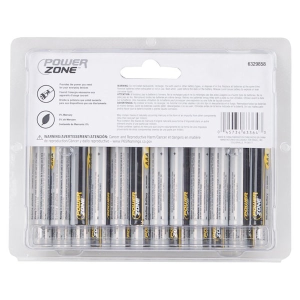 Powerzone Battery, 1.5 V Battery, AAA Battery, Zinc, Manganese Dioxide, and Potassium Hydroxide - LR03-24P
