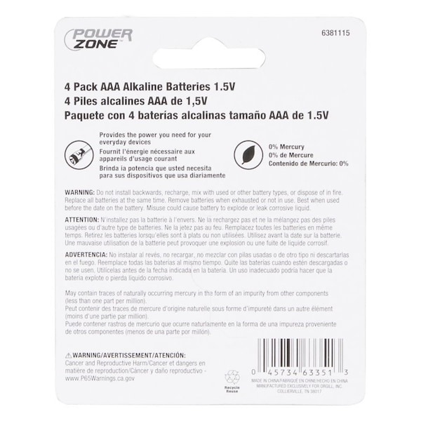 Powerzone Battery, 1.5 V Battery, AAA Battery, Zinc, Manganese Dioxide, and Potassium Hydroxide - LR03-4P-DB