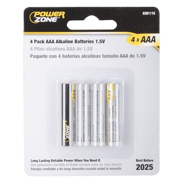 Powerzone Battery, 1.5 V Battery, AAA Battery, Zinc, Manganese Dioxide, and Potassium Hydroxide - LR03-4P-DB