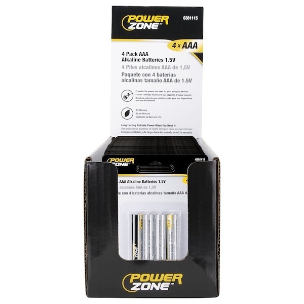 Powerzone Battery, 1.5 V Battery, AAA Battery, Zinc, Manganese Dioxide, and Potassium Hydroxide - LR03-4P-DB