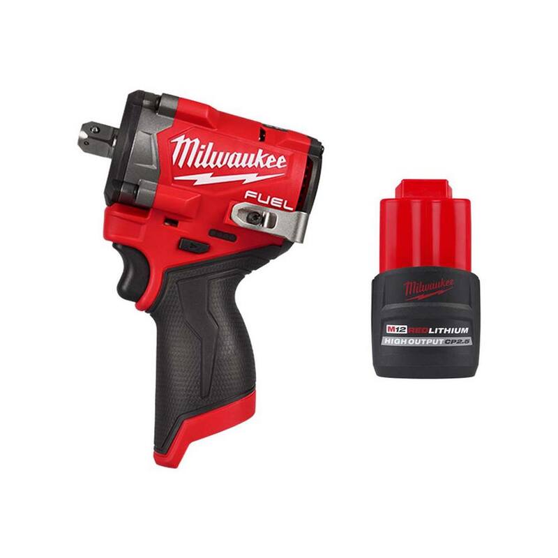 Llave de impacto inalámbrica Milwaukee M12 FUEL 12V de 1/2 pulgadas sin escobillas de iones de litio con pasador de retención y batería de alto rendimiento de 2.5 Ah - 2563P-20-48-11-2425