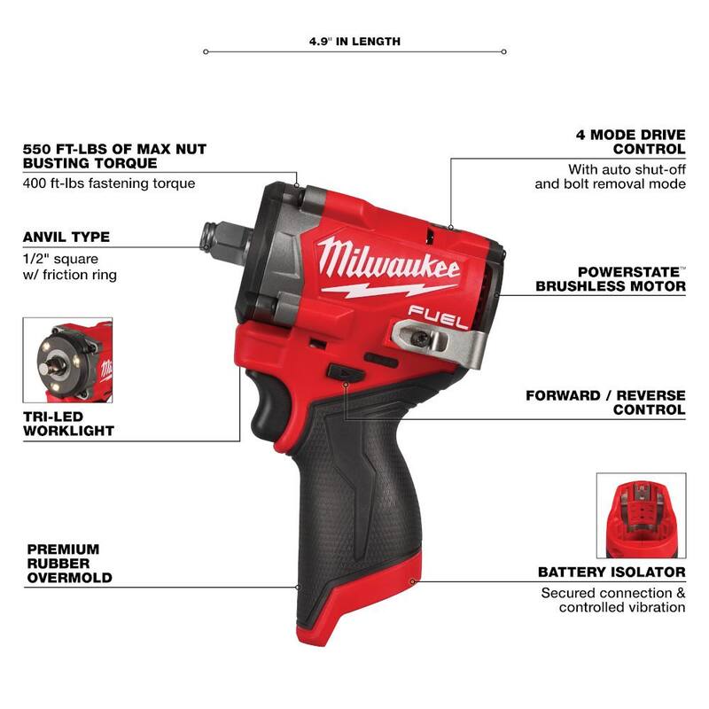 Llave de impacto inalámbrica Milwaukee M12 FUEL 12V de 1/2 pulgadas sin escobillas de iones de litio con pasador de retención y batería de alto rendimiento de 2.5 Ah - 2563P-20-48-11-2425