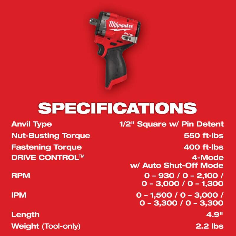 Llave de impacto inalámbrica Milwaukee M12 FUEL 12V de 1/2 pulgadas sin escobillas de iones de litio con pasador de retención y batería de alto rendimiento de 2.5 Ah - 2563P-20-48-11-2425
