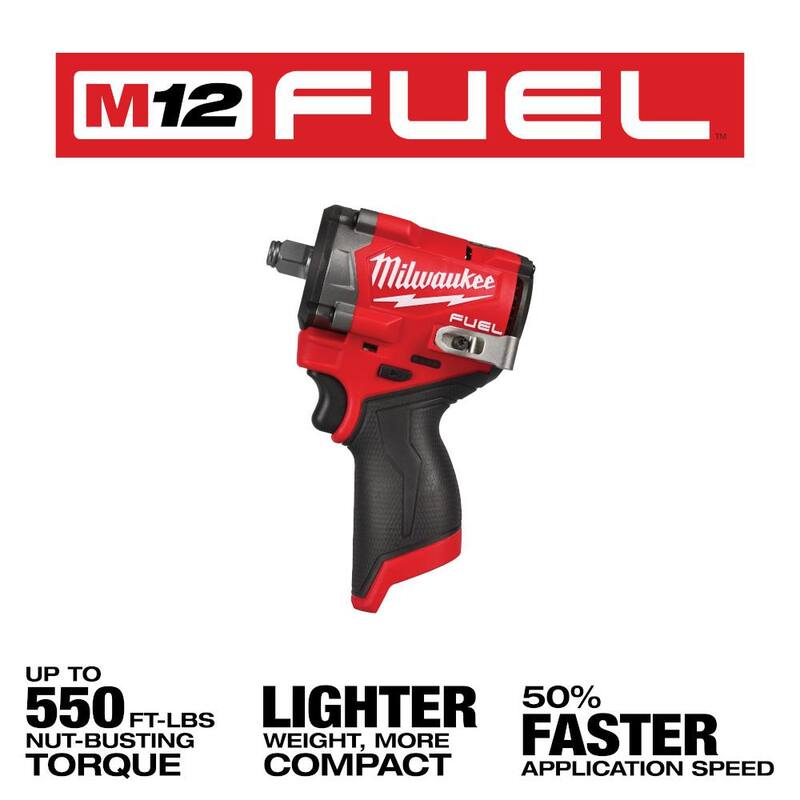 Llave de impacto inalámbrica Milwaukee M12 FUEL 12V de 1/2 pulgadas sin escobillas de iones de litio con pasador de retención y batería de alto rendimiento de 2.5 Ah - 2563P-20-48-11-2425