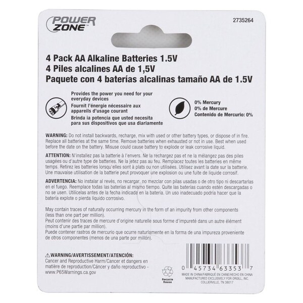 Powerzone Battery, 1.5 V Battery, AA Battery, Zinc, Manganese Dioxide, and Potassium Hydroxide - LR6-4P-DB