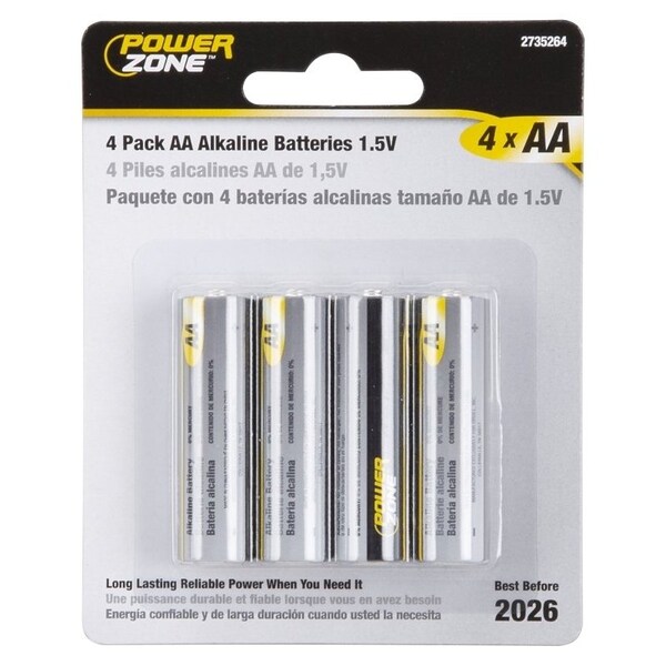 Powerzone Battery, 1.5 V Battery, AA Battery, Zinc, Manganese Dioxide, and Potassium Hydroxide - LR6-4P-DB