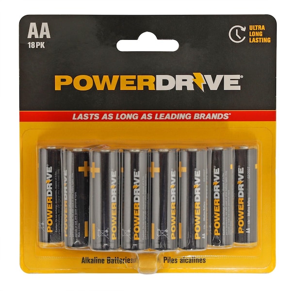 Powerdrive Alkaline Battery, AA 1.5V DC 18 PK - LDR618PK