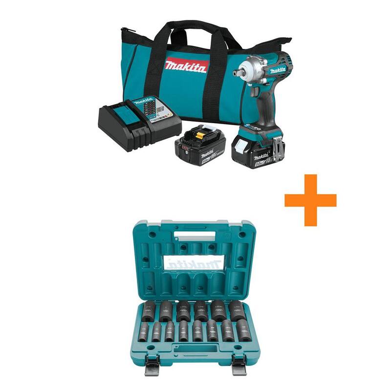 Juego de Llave de Impacto inalámbrica Makita 18V LXT sin escobillas de 1/2 pulg. con engranaje de retención de 5.0Ah y juego de casquillos de impacto de 1/2 pulg. - XWT15T-A-96372