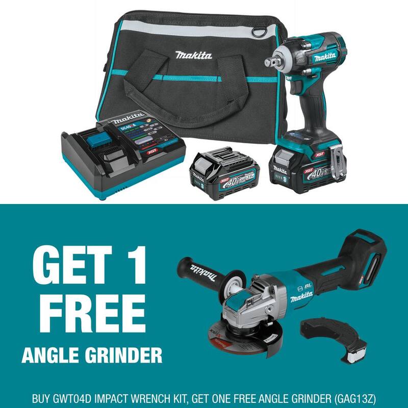 Kit de llave de impacto inalámbrica sin escobillas Makita 40-Volt Max XGT de 4 velocidades 1/2 pulgadas, 2.5Ah con regalo de amoladora angular XGT Brushless de 5 pulgadas - GWT04D-GAG13Z.