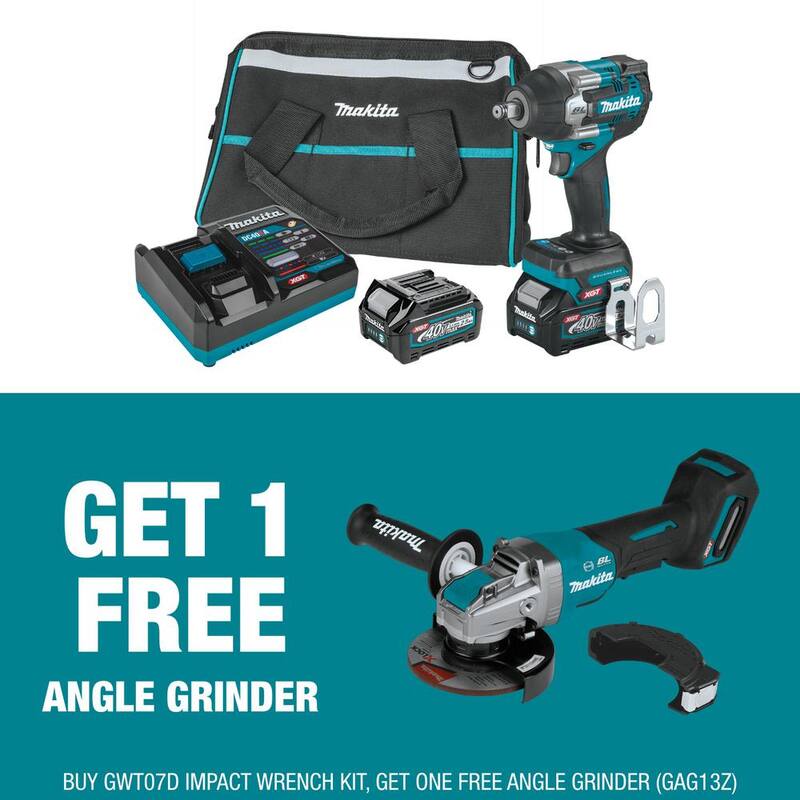 Juego de llave de impacto sin escobillas Makita XGT de 40V máx. con 4 velocidades de par medio y 1/2 pulgada, batería de 2.5Ah y bono de amoladora angular sin escobillas XGT de 5 pulgadas - GWT07D-GAG13Z