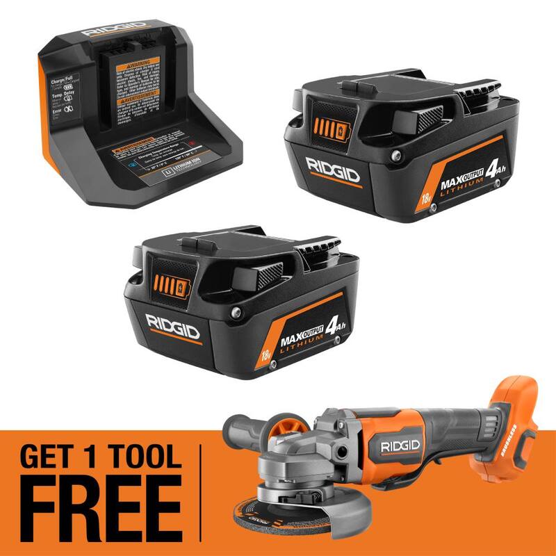 Kit de inicio RIDGID de salida máxima de 18V con (2) baterías de salida máxima de 4.0 Ah y cargador con 18V Brushless Angle Grinder GRATIS - AC8609340SB-R86047B