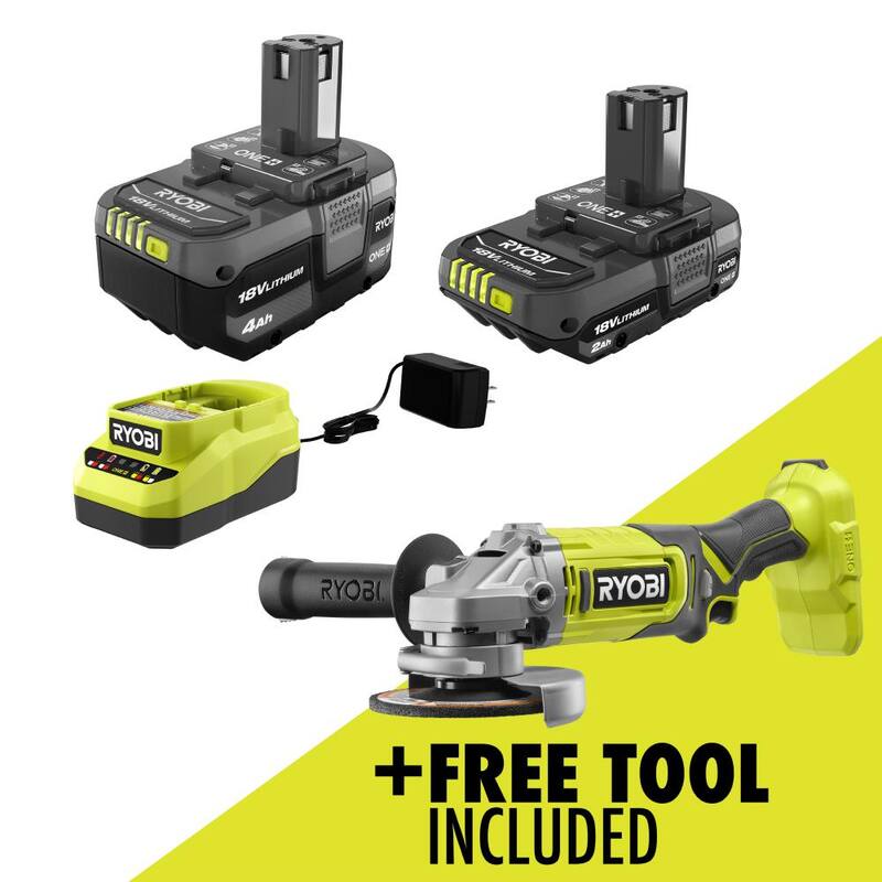 RYOBI ONE+ 18V Kit de Ion de Litio con Baterías de 2.0 Ah y 4.0 Ah, Cargador, y Gratis ONE+ Amoladora Angular Inalámbrica de 4-1/2 in. - PSK106SB-PCL445B
