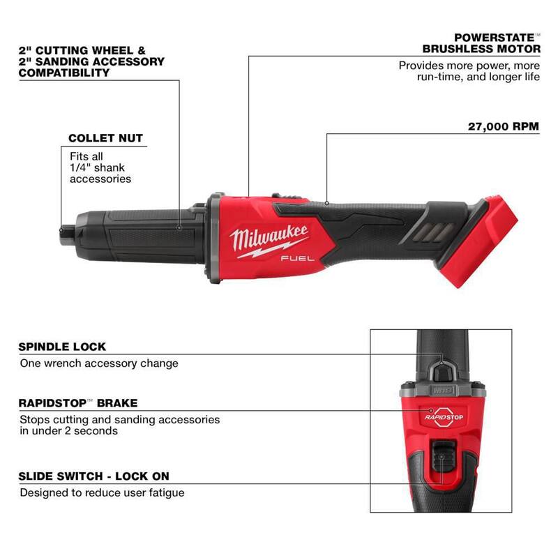 Amoladora de troquel de frenado sin escobillas inalámbrica de 1/4 de pulgada Milwaukee M18 FUEL 18V de iones de litio (Herramienta solamente) con llave de impacto de medio torque de 1/2 de pulgada - 2939-20-2962P-20