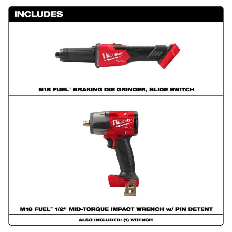 Amoladora de troquel de frenado sin escobillas inalámbrica de 1/4 de pulgada Milwaukee M18 FUEL 18V de iones de litio (Herramienta solamente) con llave de impacto de medio torque de 1/2 de pulgada - 2939-20-2962P-20