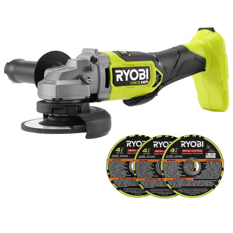 RYOBI ONE+ HP 18V Amoladora angular inalámbrica sin escobillas de 4-1/2 pulgadas (Herramienta solamente) con Rueda de corte de metal de 4-1/2 pulgadas (Juego de 3 piezas) - PBLAG02B-A01302