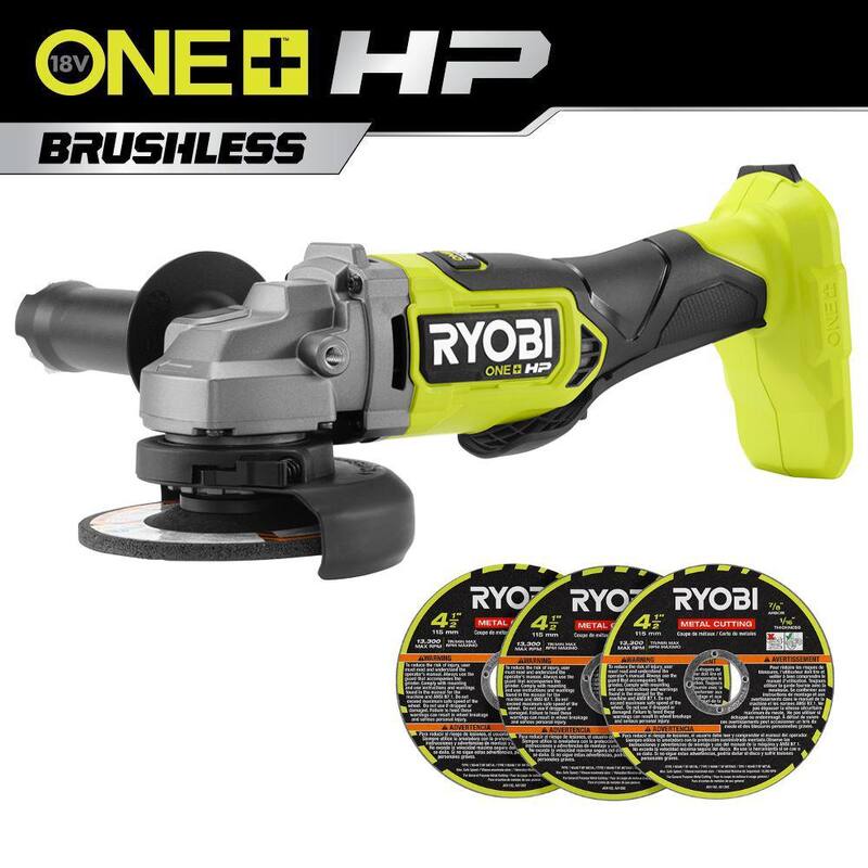 RYOBI ONE+ HP 18V Amoladora angular inalámbrica sin escobillas de 4-1/2 pulgadas (Herramienta solamente) con Rueda de corte de metal de 4-1/2 pulgadas (Juego de 3 piezas) - PBLAG02B-A01302