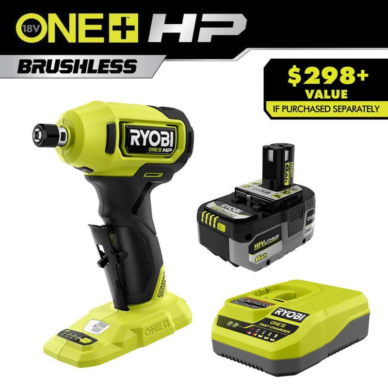 RYOBI ONE+ HP 18V 6.0 Ah Batería de alto rendimiento de iones de litio y kit de cargador con RYOBI ONE+ HP 18V Amoladora angular derecha sin escobillas - PSK016-PSBDG01B