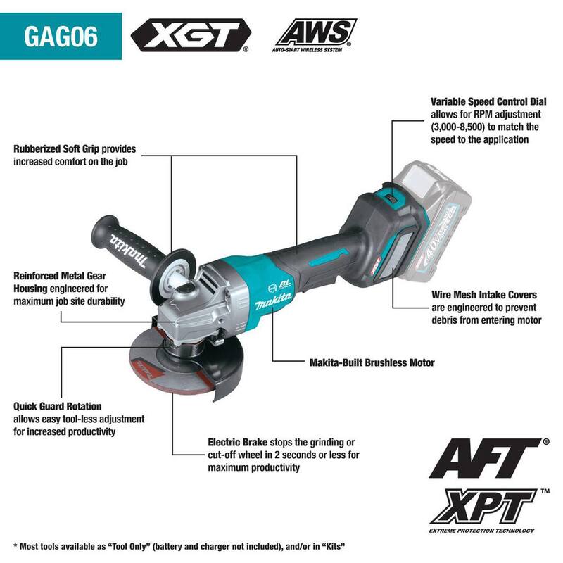 Makita 40V Max XGT Esmeriladora Angular Inalámbrica Brushless de Interruptor de Paleta de 4-1/2/5 pulgadas con Freno Eléctrico, Capaz de AWS (Herramienta Únicamente) - GAG06Z