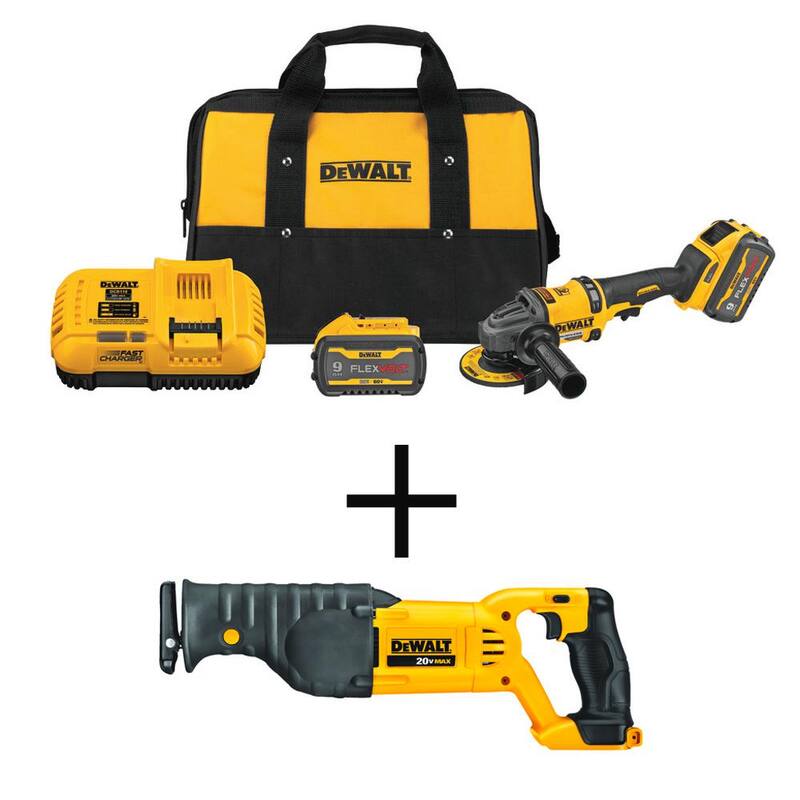 Esmeriladora angular pequeña sin carbones DEWALT FLEXVOLT 60V MAX de 4.5 a 6 pulgadas, sierra reciproca de 20V y 2 baterías FLEXVOLT de 9.0 Ah - DCG418X2WDCS380