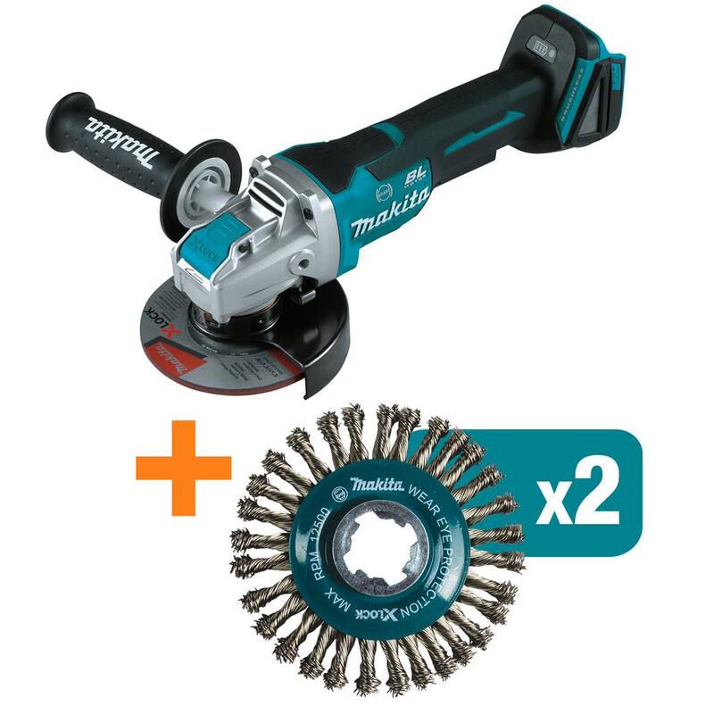 Amoladora angular inalámbrica sin escobillas de 18V LXT de Makita 4-1/2 in./5 in. con interruptor tipo paleta y sistema X-LOCK con bono de rueda de alambre giratorio X-Lock (Cantidad 2) - XAG26Z-D-726092