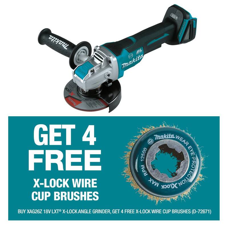 Makita 18V LXT Amoladora angular inalámbrica Brushless de 4-1/2 in./5 in. con interruptor de paleta X-LOCK y bono de 3 in. de cepillo de alambre X-Lock(Qty 4) - XAG26Z-D-726714