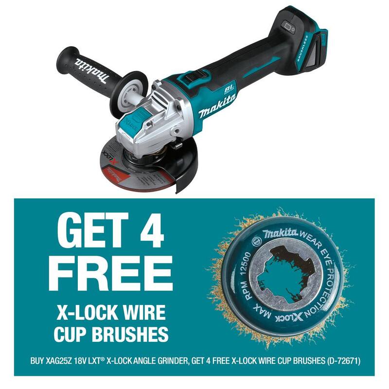 Amoladora angular inalámbrica sin escobillas de 18 V LXT de Makita de 4-1/2 in./5 in. con X-LOCK y bono de 4 cepillos de alambre trenzado de 3 in. X-Lock - XAG25Z-D-726714