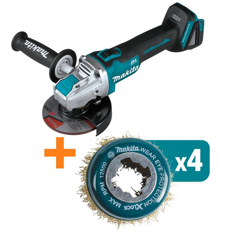 Amoladora angular inalámbrica sin escobillas de 18 V LXT de Makita de 4-1/2 in./5 in. con X-LOCK y bono de 4 cepillos de alambre trenzado de 3 in. X-Lock - XAG25Z-D-726714