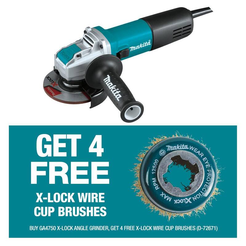 Amoladora angular con interruptor de CA/CC de 7.5 amperes y 4-1/2 pulgadas X-LOCK de Makita con bono de 3 pulgadas X-Lock 3 in. Cepillo de copa de alambre ondulado (Qty 4) - GA4570-D-726714