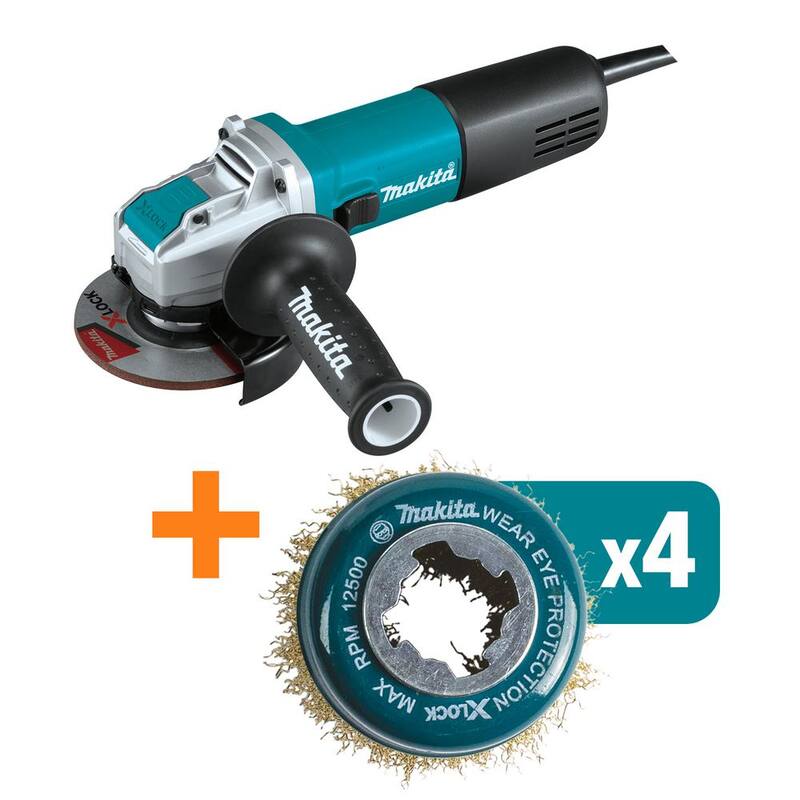 Amoladora angular con interruptor de CA/CC de 7.5 amperes y 4-1/2 pulgadas X-LOCK de Makita con bono de 3 pulgadas X-Lock 3 in. Cepillo de copa de alambre ondulado (Qty 4) - GA4570-D-726714