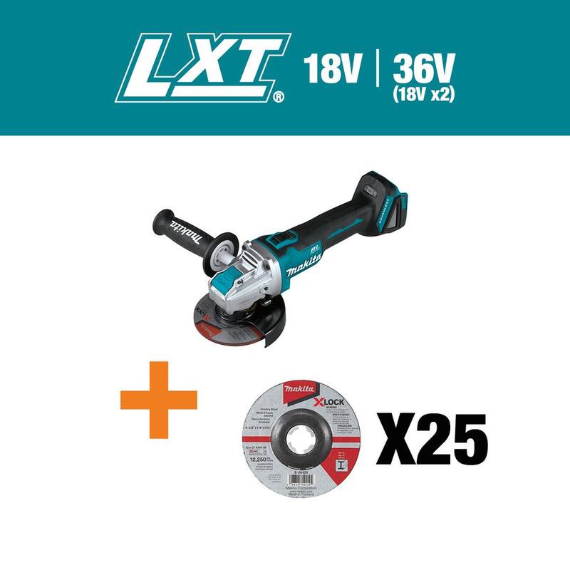 Amoladora angular X-LOCK Makita de 18 voltios LXT de 4-1/2 /5 pulgadas con bono de rueda de rectificación X-LOCK de 4-1/2 pulgadas x 1/4 pulgadas x 7/8 pulgadas - XAG25Z-E0042425