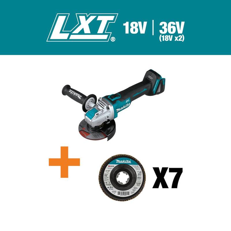 Esmeriladora angular X-LOCK de 18 voltios LXT de litio-ion de 4-1/2 /5 pulgadas de Makita con disco de láminas de acabado de 4‑1/2 pulgadas de bonificación - XAG25Z-T-039257