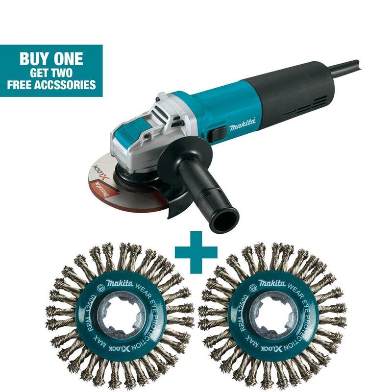 Amoladora angular Makita de 13 amperes con cable de 5 pulgadas X-LOCK con bono (cantidad 2) Rueda de alambre giratoria de cuentas de cuerda de acero inoxidable X-Lock 4-1/2 pulgadas - GA5080-D72609x2