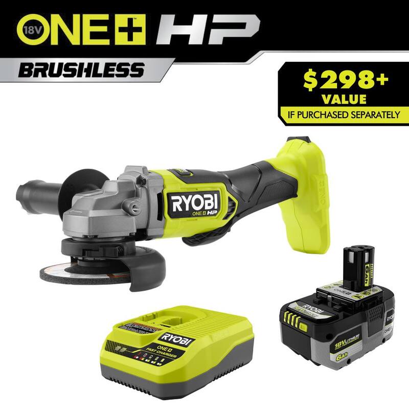 RYOBI ONE+ HP 18V 6.0 Ah Batería de alto rendimiento de iones de litio y Kit de cargador con Amoladora angular inalámbrica ONE+ HP 18V Brushless - PSK016-PBLAG02B