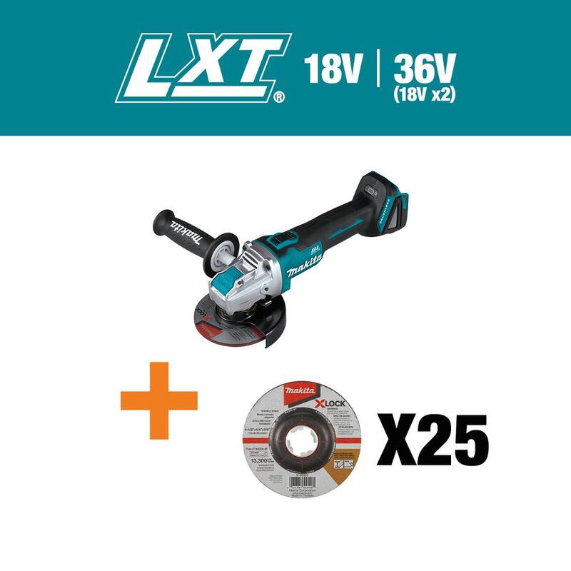 Esmeriladora angular X-LOCK de 18 voltios LXT de ion de litio de 4-1/2 / 5 pulgadas de Makita con rueda abrasiva adicional X-LOCK de 4-1/2 pulgadas x 1/4 pulgadas x 7/8 pulgadas - XAG25Z-E0043025