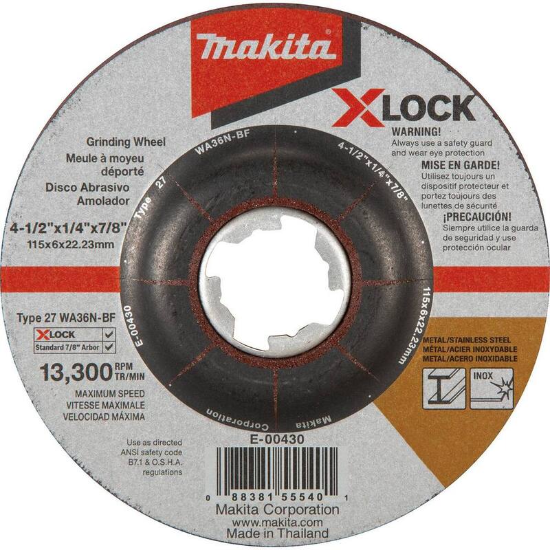 Amoladora angular con cable de 13 amperios de Makita con sistema X-LOCK de 5 pulgadas con rueda de esmerilado de grano 36 de 4-1/2 x 1/4 x 7/8 pulgadas de bonificación (cantidad 25) - GA5080-E0043025